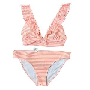 Aerie Orange Stripe MED Ruffle Bikini Top‎ LARGE Bottom Two Piece Swimsuit READ